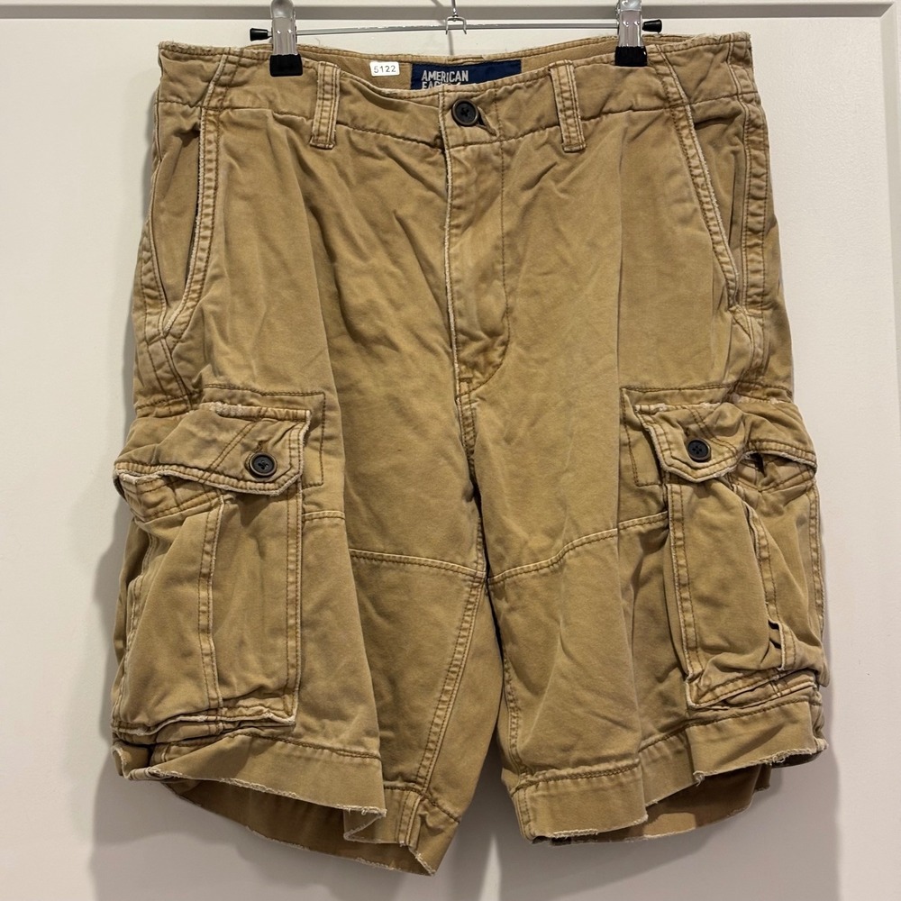 American Eagle Outfitters Mens Khaki Cargo Shorts Tan Distressed Size 34